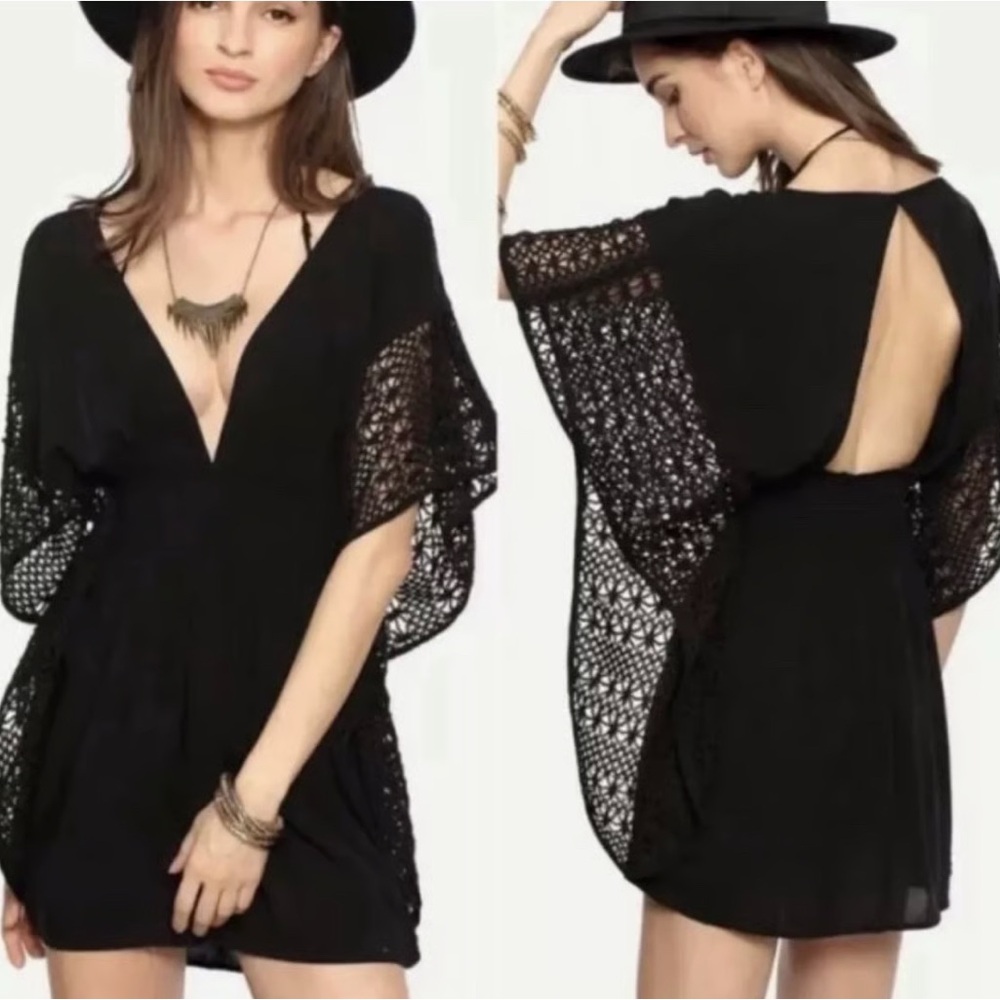 Victoria's Secret Boho Crocheted Swim Cover Kaftan Women’s Black Sz Medium
